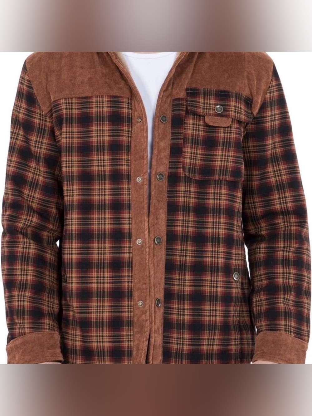 Men’s Casual Outdoor Plaid Flannel  Hooded Jacket. XLarge/Dark Red/black/coffee